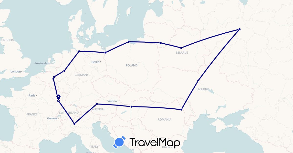 TravelMap itinerary: driving in Austria, Belgium, Belarus, Germany, France, Hungary, Italy, Lithuania, Netherlands, Poland, Romania, Russia, Ukraine (Europe)